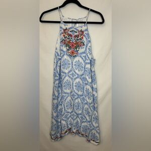 THML Blue and White Patterned Dress with Floral Embroidery